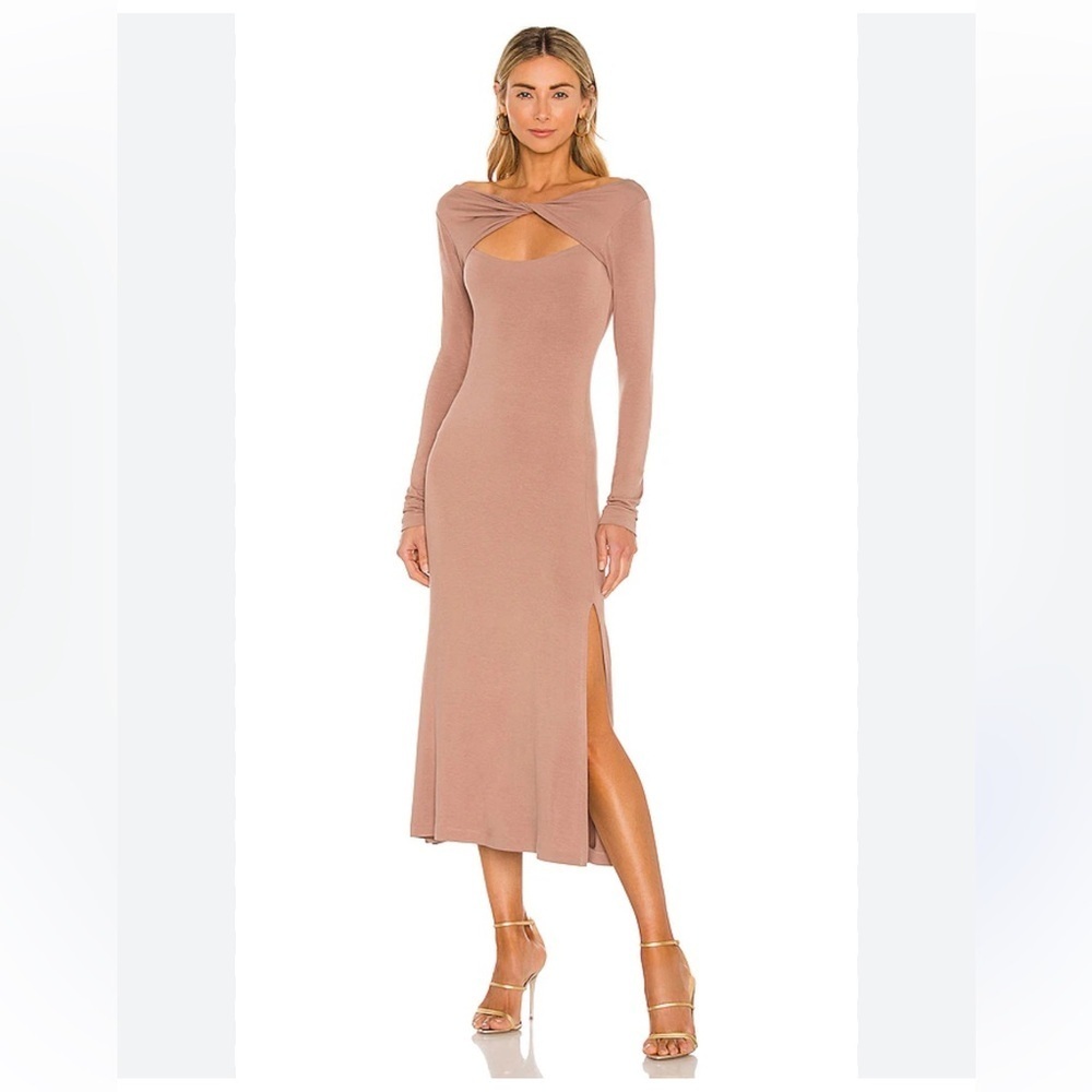 NBD Long Sleeve Midi Dress Blush Taupe soft stretch knot Revolve S